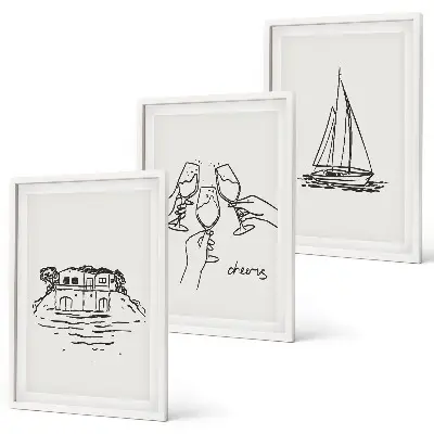 Conjunto de quadros para sala de estar tema casa à beira-mar com veleiro e brinde