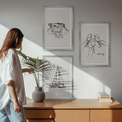Conjunto de quadros para sala de estar tema casa à beira-mar com veleiro e brinde