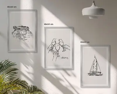 Conjunto de quadros para sala de estar tema casa à beira-mar com veleiro e brinde