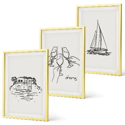 Conjunto de quadros para sala de estar tema casa à beira-mar com veleiro e brinde