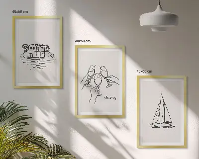 Conjunto de quadros para sala de estar tema casa à beira-mar com veleiro e brinde