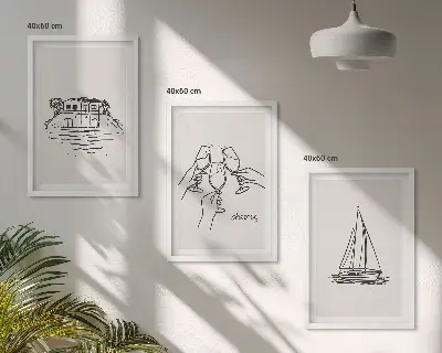 Conjunto de quadros para sala de estar tema casa à beira-mar com veleiro e brinde
