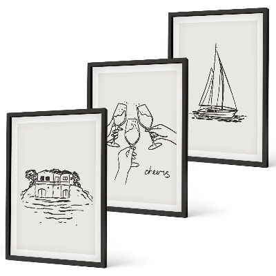Conjunto de quadros para sala de estar casa à beira-mar, veleiro e brinde