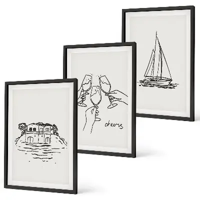 Conjunto de quadros para sala de estar tema casa à beira-mar com veleiro e brinde