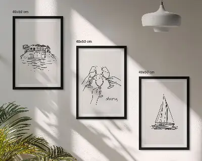 Conjunto de quadros para sala de estar tema casa à beira-mar com veleiro e brinde