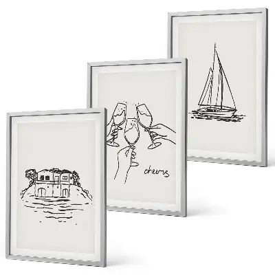 Conjunto de quadros para sala de estar tema casa à beira-mar com veleiro e brinde