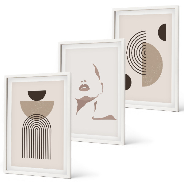 Conjunto de 3 quadros com moldura Formas abstratas e rosto