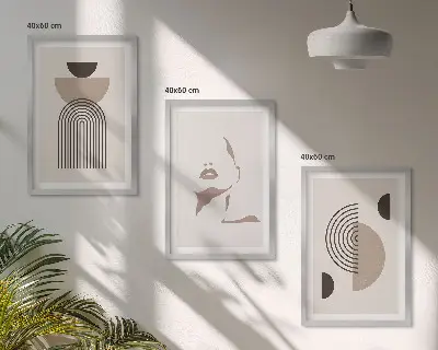 Conjunto de 3 quadros com moldura de formas abstratas e rosto