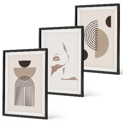 Conjunto de 3 quadros com moldura Formas abstratas e rosto