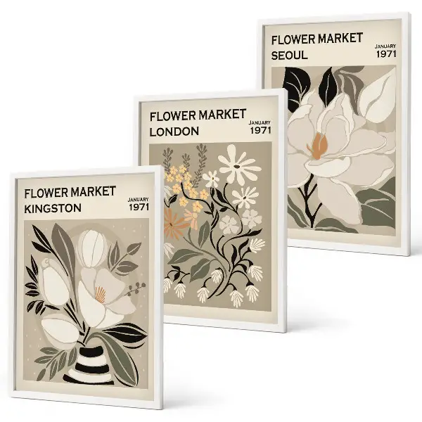 Conjunto de quadros para sala de estar com estampas de flores retrô e cidades do mundo