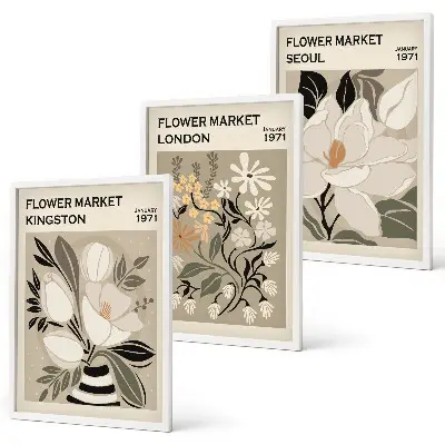 Conjunto de quadros para sala de estar com estampas de flores retrô e cidades do mundo