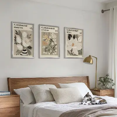 Conjunto de quadros para sala de estar com estampas de flores retrô e cidades do mundo