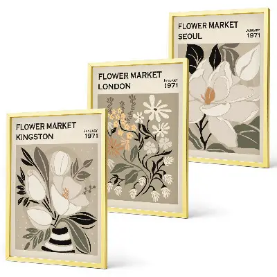 Conjunto de quadros para sala de estar com estampas de flores retrô e cidades do mundo
