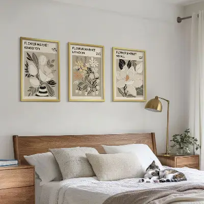 Conjunto de quadros para sala de estar com estampas de flores retrô e cidades do mundo