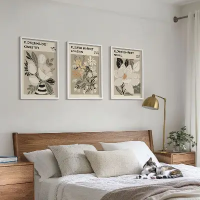Conjunto de quadros para sala de estar com estampas de flores retrô e cidades do mundo