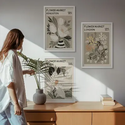 Conjunto de quadros para sala de estar com estampas de flores retrô e cidades do mundo