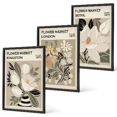 Conjunto de quadros para sala de estar com estampas de flores retrô e cidades do mundo