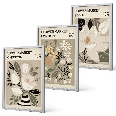 Conjunto de quadros para sala de estar com estampas de flores retrô e cidades do mundo