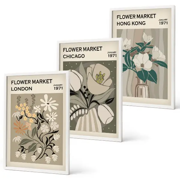 Conjunto de 3 quadros com moldura estampas de feiras de flores de Londres, Chicago e Hong Kong
