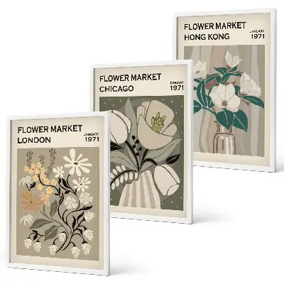 Conjunto de 3 quadros com moldura estampas de feiras de flores de Londres, Chicago e Hong Kong