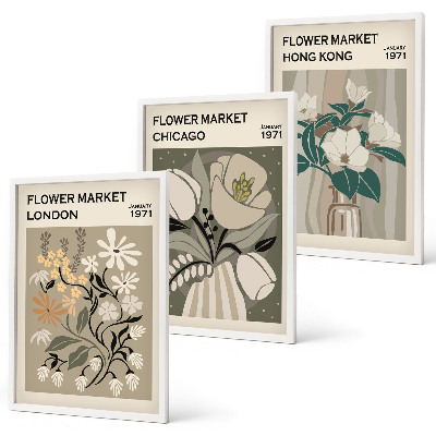 Conjunto de 3 quadros com moldura Feiras de flores de Londres, Chicago e Hong Kong