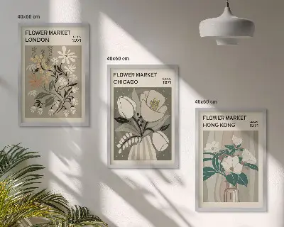 Conjunto de 3 quadros com moldura estampas de feiras de flores de Londres, Chicago e Hong Kong