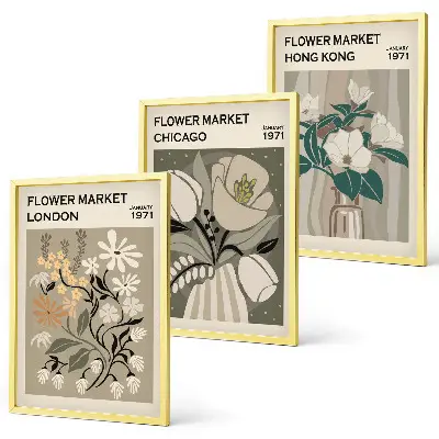 Conjunto de 3 quadros com moldura estampas de feiras de flores de Londres, Chicago e Hong Kong