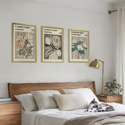 Conjunto de 3 quadros com moldura estampas de feiras de flores de Londres, Chicago e Hong Kong