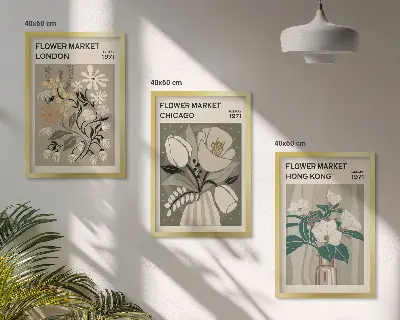 Conjunto de 3 quadros com moldura estampas de feiras de flores de Londres, Chicago e Hong Kong