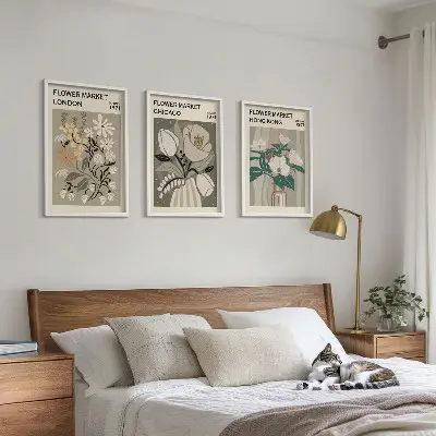 Conjunto de 3 quadros com moldura estampas de feiras de flores de Londres, Chicago e Hong Kong