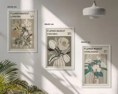 Conjunto de 3 quadros com moldura estampas de feiras de flores de Londres, Chicago e Hong Kong