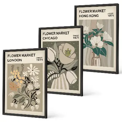 Conjunto de 3 quadros com moldura estampas de feiras de flores de Londres, Chicago e Hong Kong