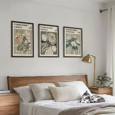 Conjunto de 3 quadros com moldura estampas de feiras de flores de Londres, Chicago e Hong Kong