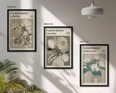 Conjunto de 3 quadros com moldura estampas de feiras de flores de Londres, Chicago e Hong Kong