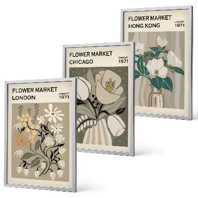 Conjunto de 3 quadros com moldura estampas de feiras de flores de Londres, Chicago e Hong Kong