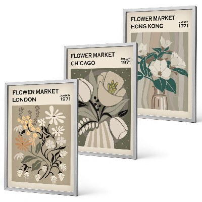 Conjunto de 3 quadros com moldura Feiras de flores de Londres, Chicago e Hong Kong
