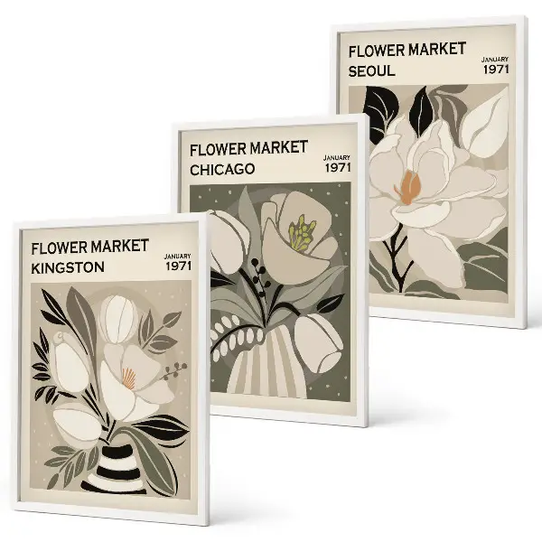 Conjunto de quadros para sala de estar estampa Flores Kingston Seul Chicago retrô