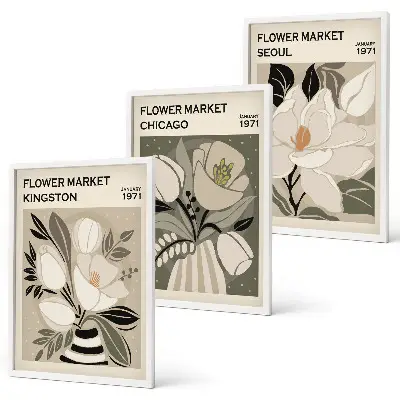Conjunto de quadros para sala de estar estampa Flores Kingston Seul Chicago retrô