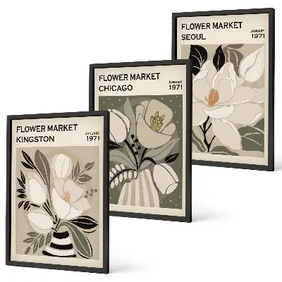 Conjunto de quadros para sala de estar estampa Flores Kingston Seul Chicago retrô