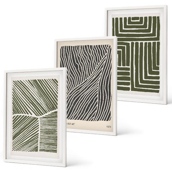 Conjunto de 3 quadros com moldura Padrões, linhas, formas, verde