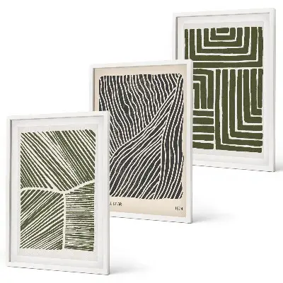 Conjunto de 3 quadros com moldura com padrões, linhas e formas em verde