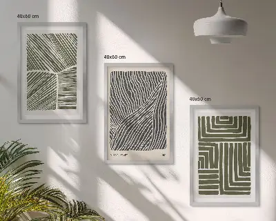 Conjunto de 3 quadros com moldura com padrões, linhas e formas em verde