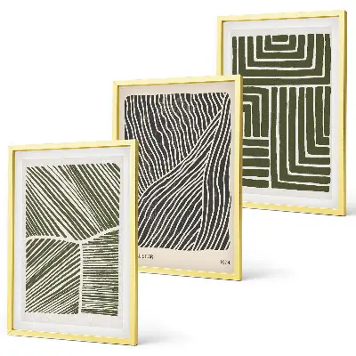 Conjunto de 3 quadros com moldura com padrões, linhas e formas em verde
