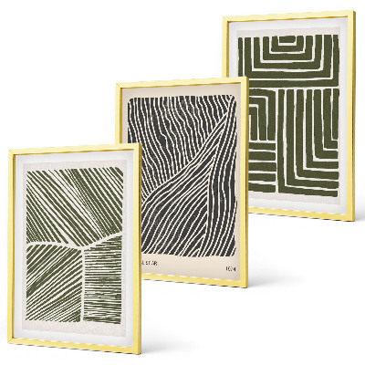Conjunto de 3 quadros com moldura Padrões, linhas, formas, verde
