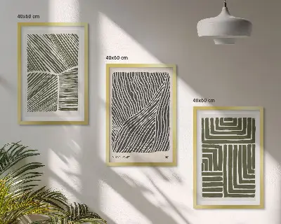 Conjunto de 3 quadros com moldura com padrões, linhas e formas em verde