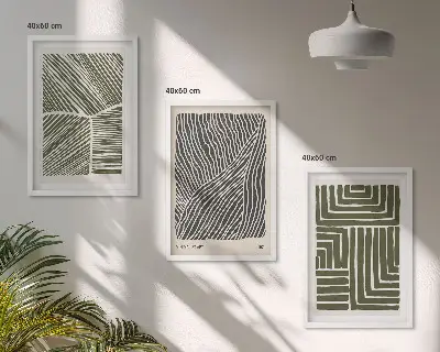 Conjunto de 3 quadros com moldura com padrões, linhas e formas em verde