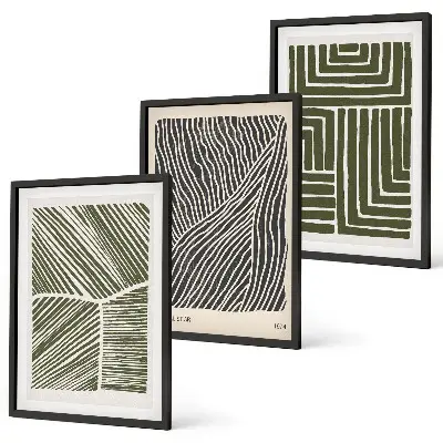 Conjunto de 3 quadros com moldura com padrões, linhas e formas em verde