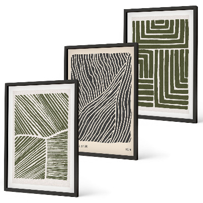 Conjunto de 3 quadros com moldura Padrões, linhas, formas, verde