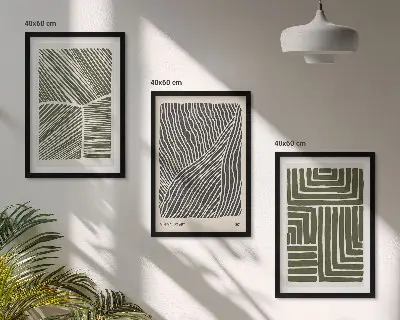 Conjunto de 3 quadros com moldura com padrões, linhas e formas em verde
