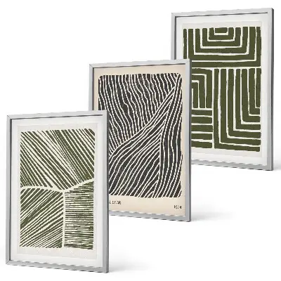 Conjunto de 3 quadros com moldura com padrões, linhas e formas em verde